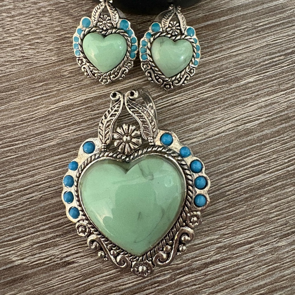 Silver Heart Pendant and Earring Set with Mint and Turquoise Accents